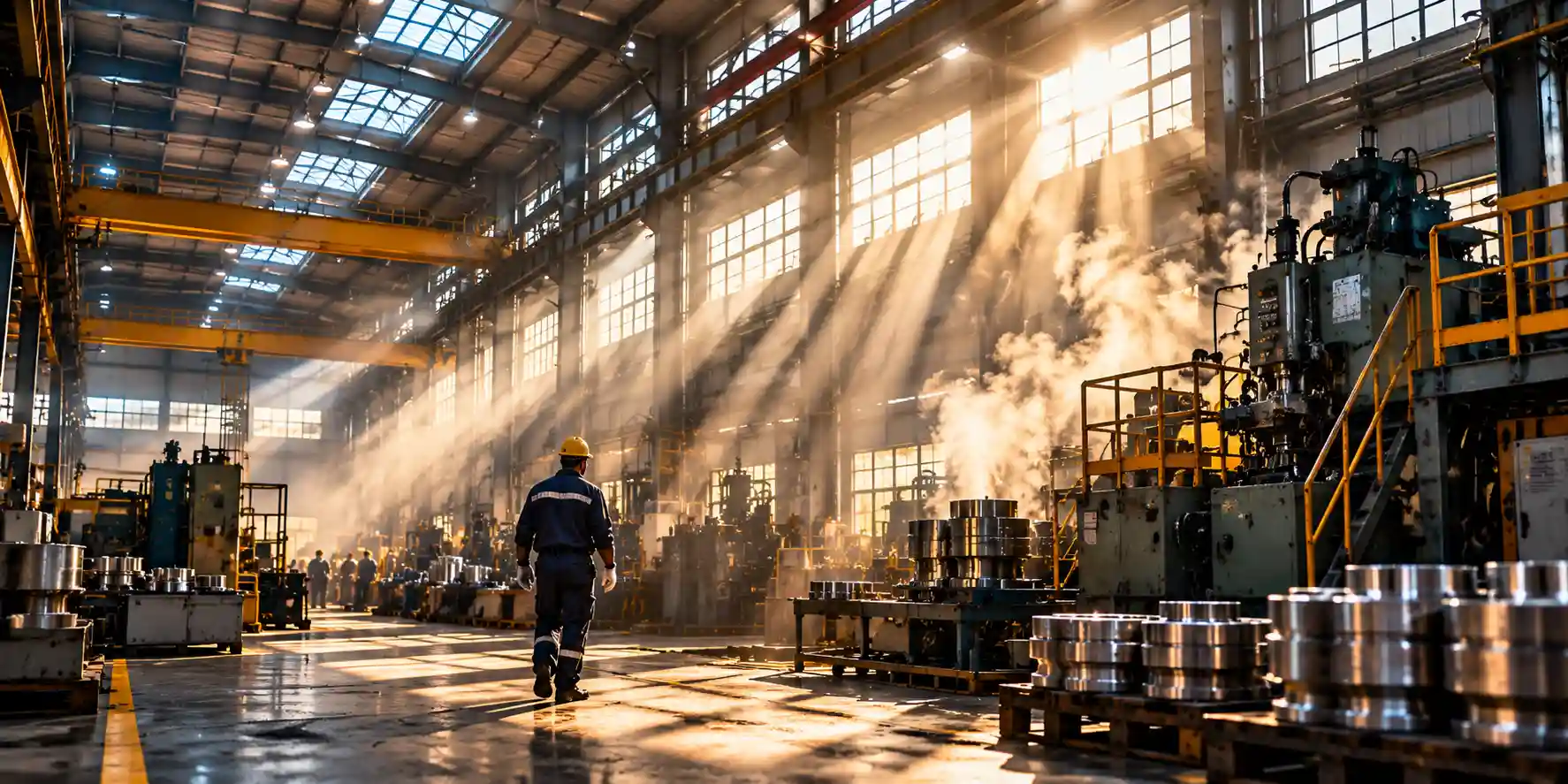 Rows of symmetrical industrial machinery and pipework in a factory, showing repetition and precision
