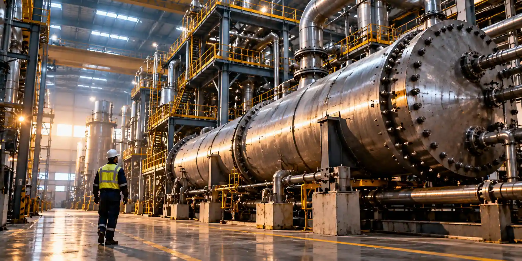Single worker standing beside massive industrial equipment showing scale of the facility