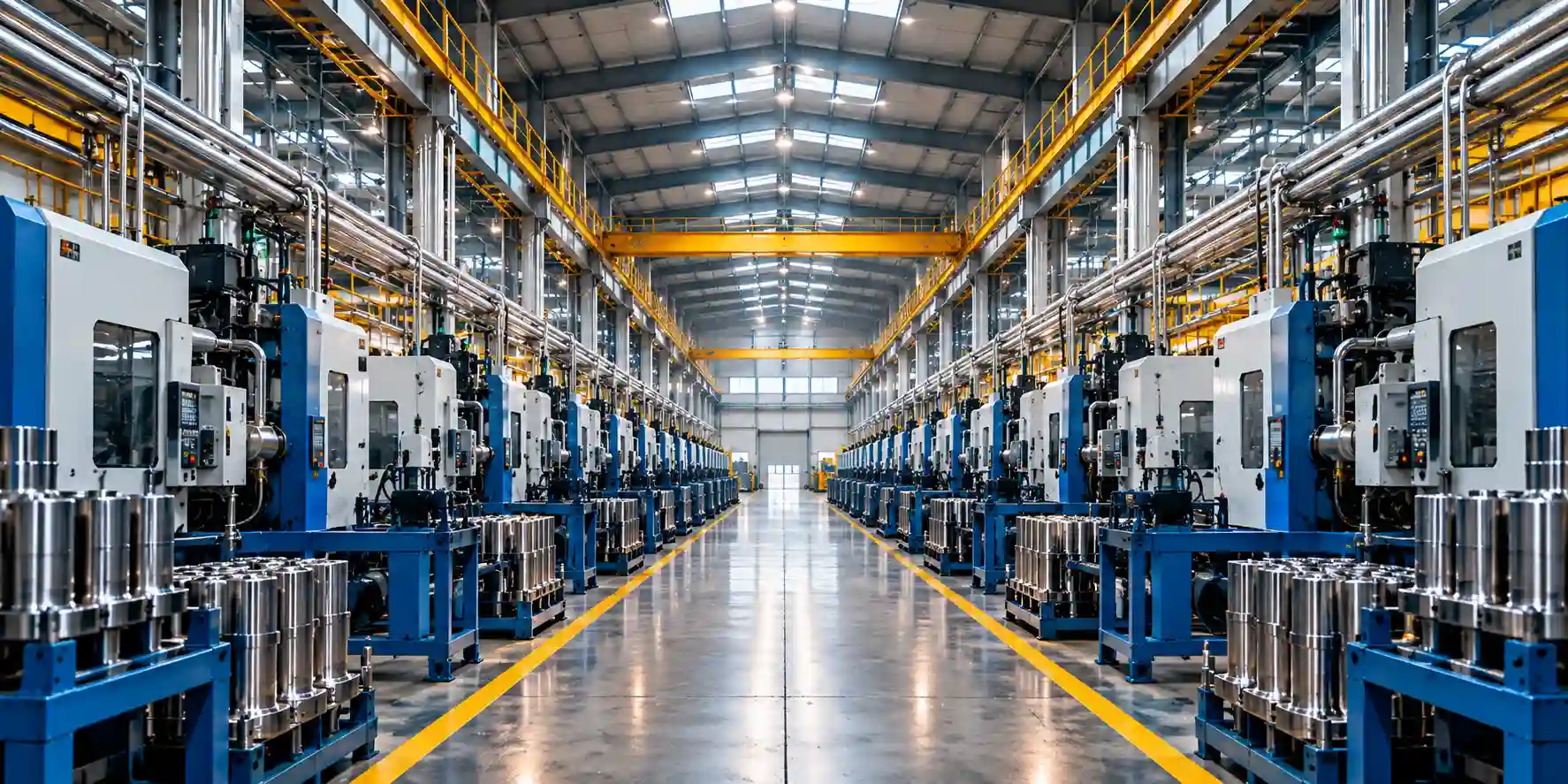 Natural light shafts cutting through steam and dust inside an industrial factory floor