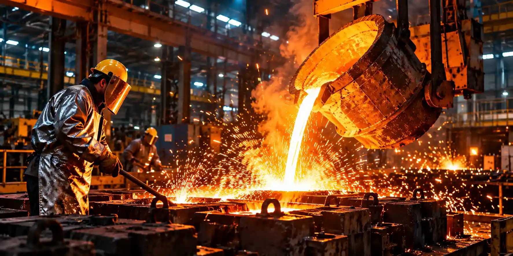 Welding sparks and molten metal glowing against a dark industrial factory background