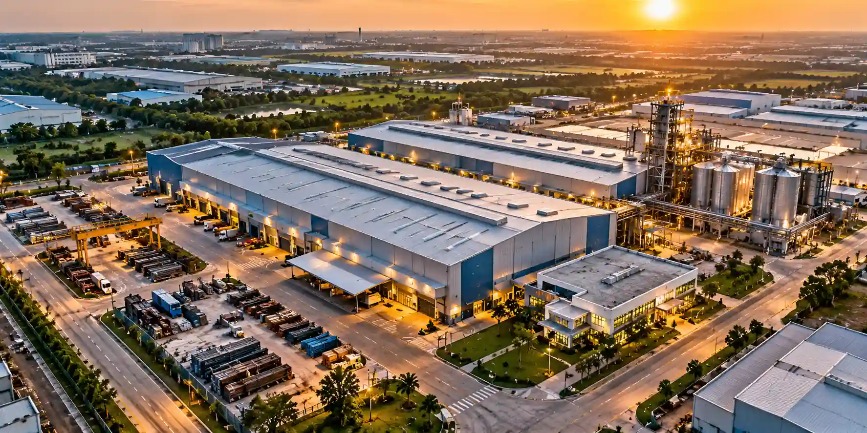 Aerial drone photograph showing the geometric layout of an industrial manufacturing facility