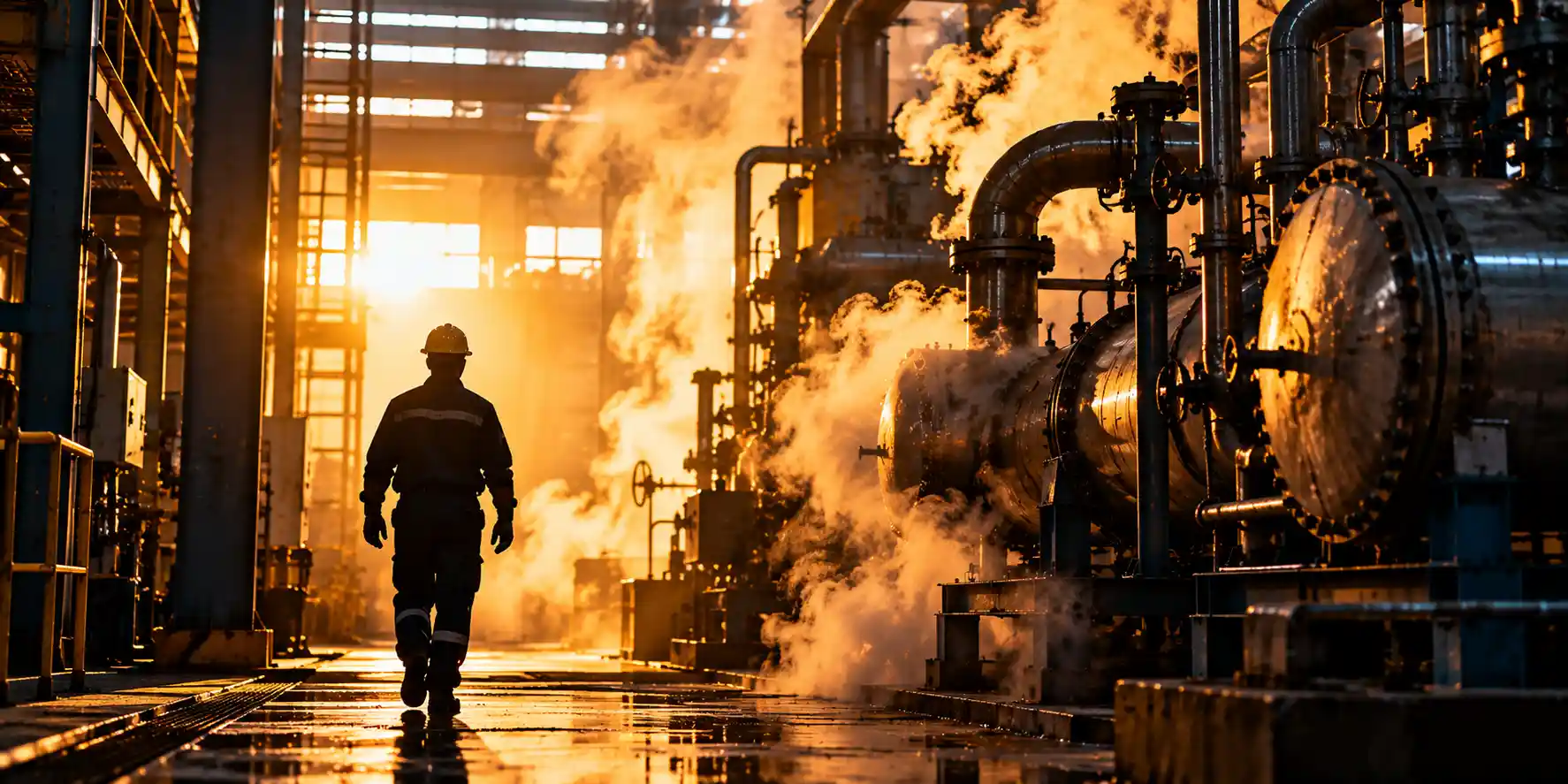Worker silhouette against backlit machinery and rising steam in a factory