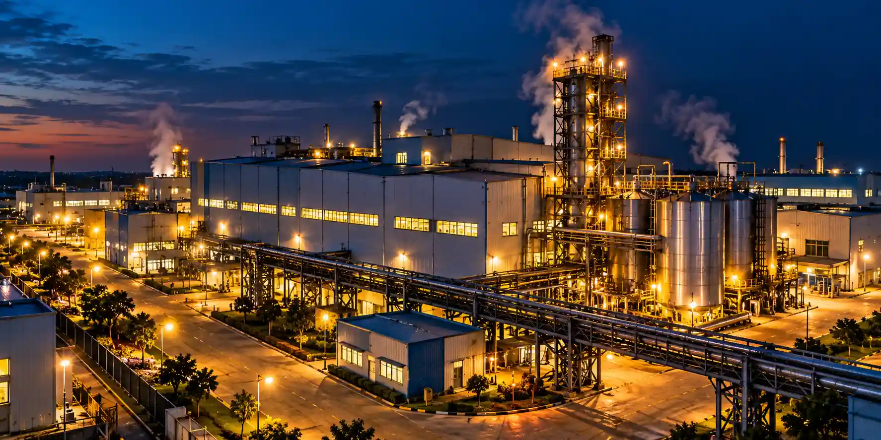 Industrial factory exterior photographed at night with illuminated windows and exhaust steam