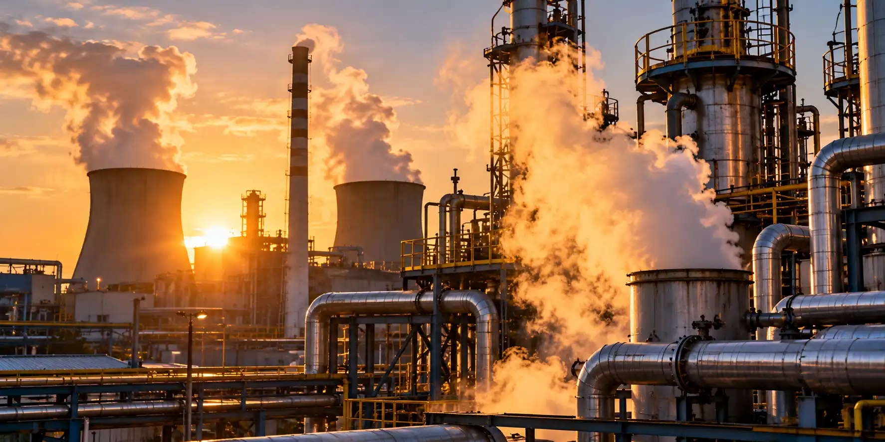 Steam rising from a cooling tower interacting with natural light at an industrial plant