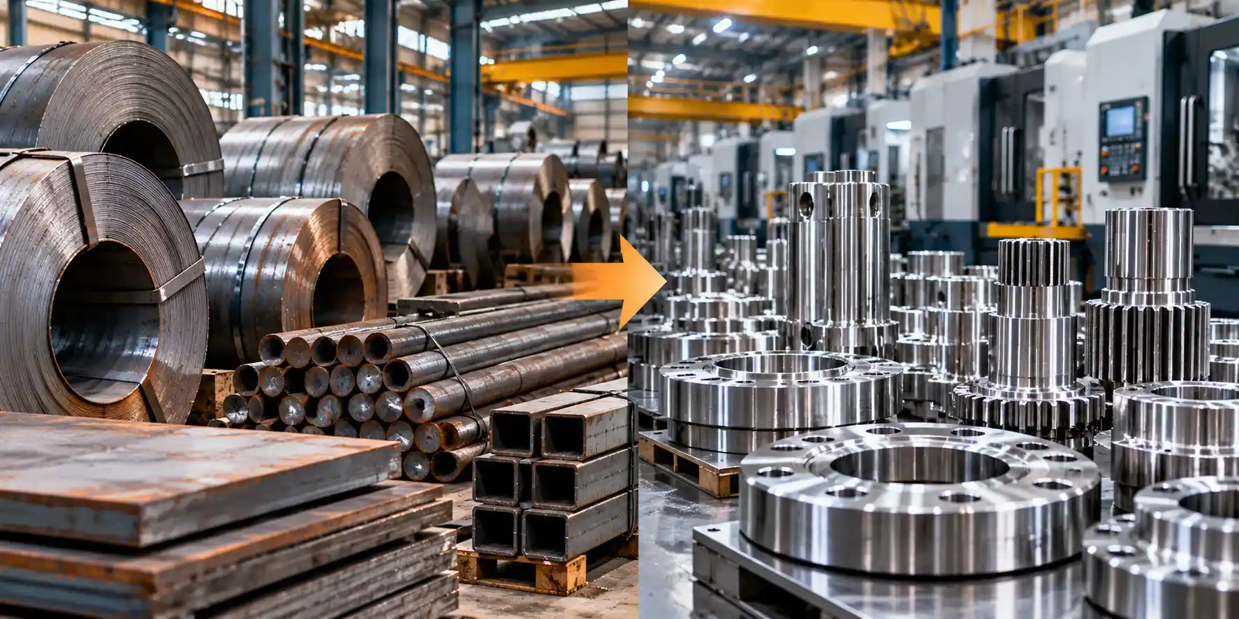 Side-by-side contrast of raw metal coil and polished finished product on a factory floor