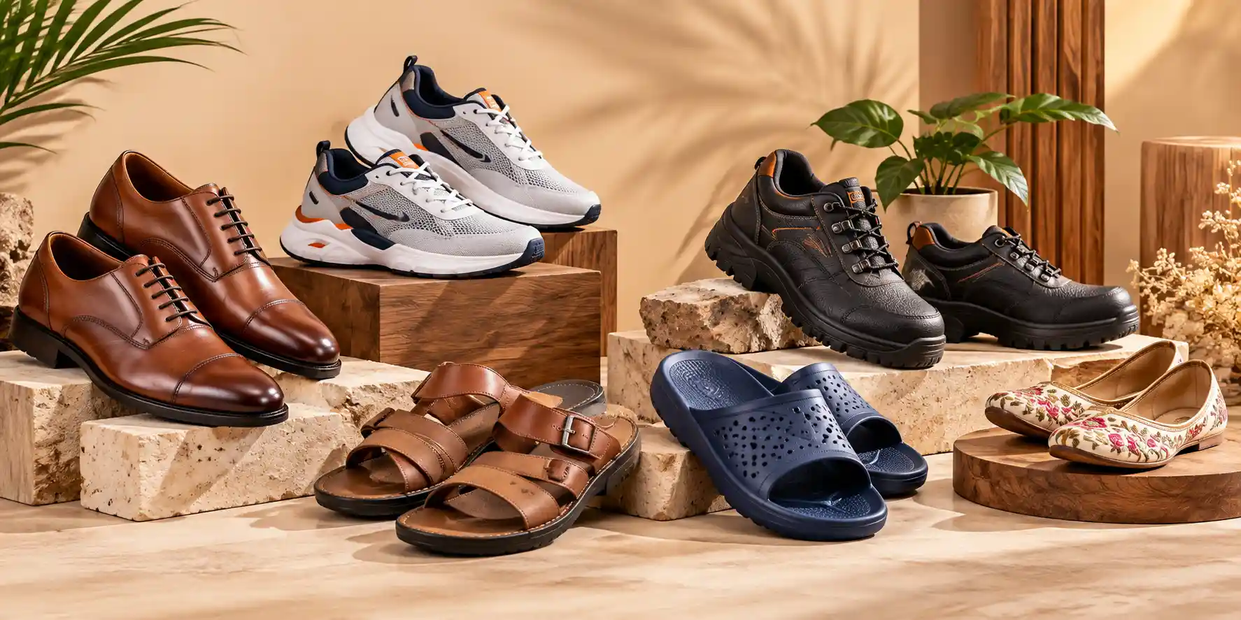 Leather formal shoes, safety boots, sports sneakers and synthetic sandals displayed in a footwear comparison.