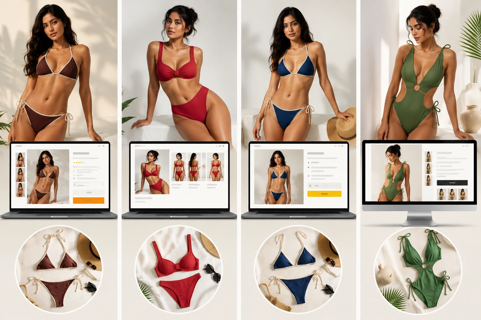 Bikini photoshoot images shown across marketplace listing mockups comparing on-model and flat lay formats