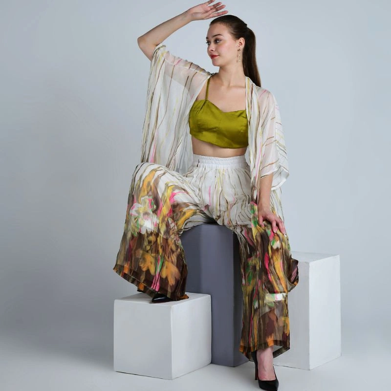 Model wearing a printed co-ord set for a clothing catalog photoshoot Model wearing a printed co-ord set for a clothing catalog photoshoot