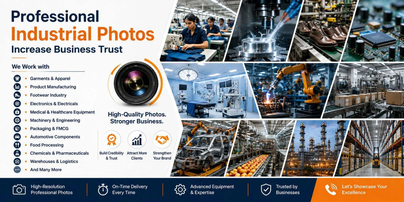 Infographic showing Lohar Studio's professional industrial and manufacturing photography services across garments, footwear, electronics, and other industries Infographic showing Lohar Studio's professional industrial and manufacturing photography services across garments, footwear, electronics, and other industries