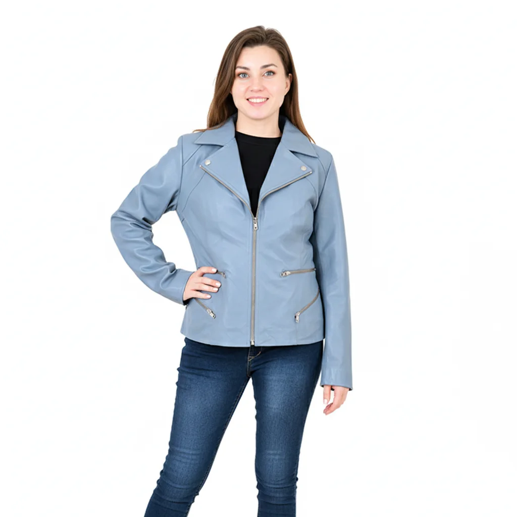 Model in a blue leather jacket standing with hand on hip, demonstrating a confident front-facing pose Model in a blue leather jacket standing with hand on hip, demonstrating a confident front-facing pose