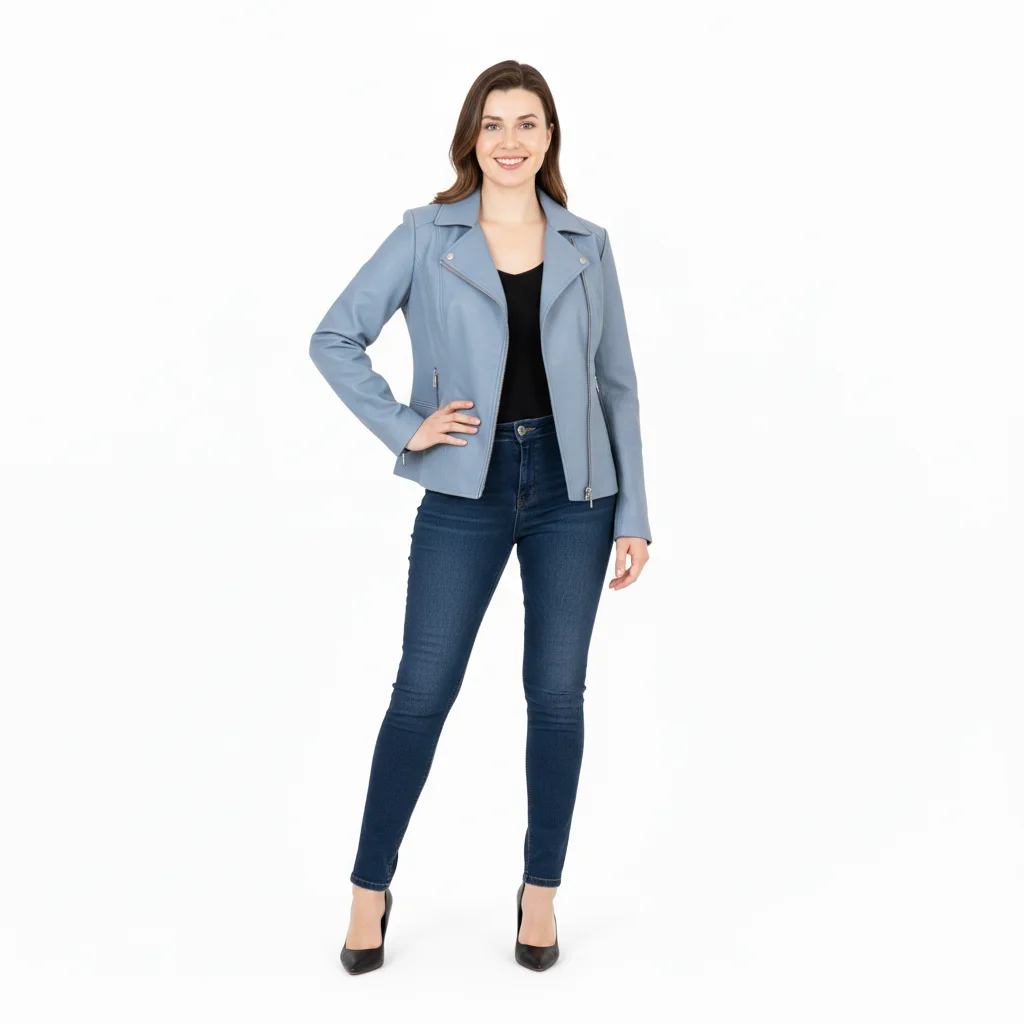 Model in a blue leather jacket standing with hand on hip, demonstrating hand placement in a garment photoshoot Model in a blue leather jacket standing with hand on hip, demonstrating hand placement in a garment photoshoot