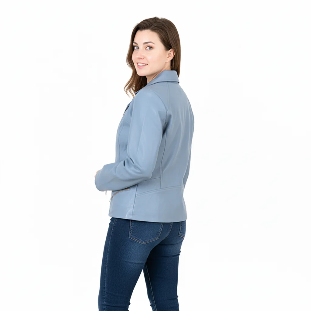 Model in a blue leather jacket looking back over her shoulder, demonstrating an over-the-shoulder pose Model in a blue leather jacket looking back over her shoulder, demonstrating an over-the-shoulder pose