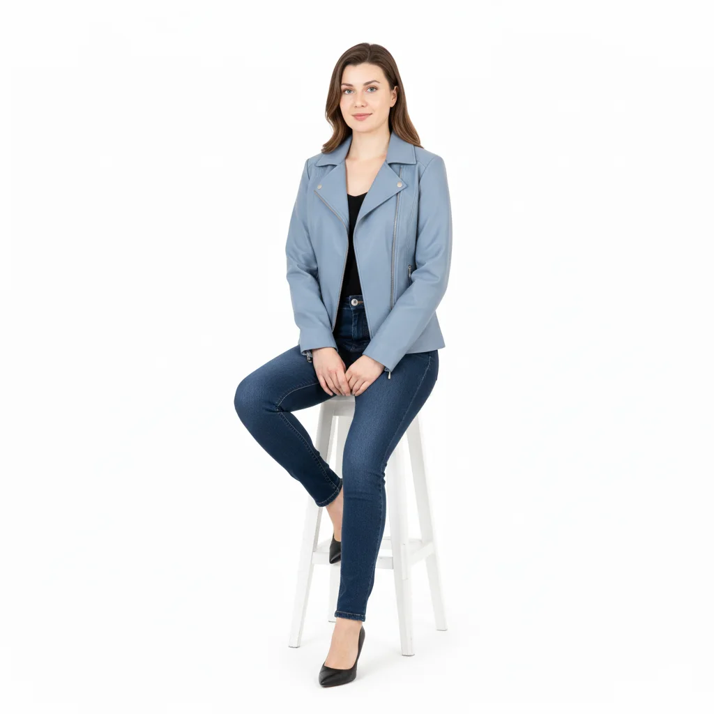Model in a blue leather jacket seated on a stool with legs crossed, demonstrating a seated pose Model in a blue leather jacket seated on a stool with legs crossed, demonstrating a seated pose