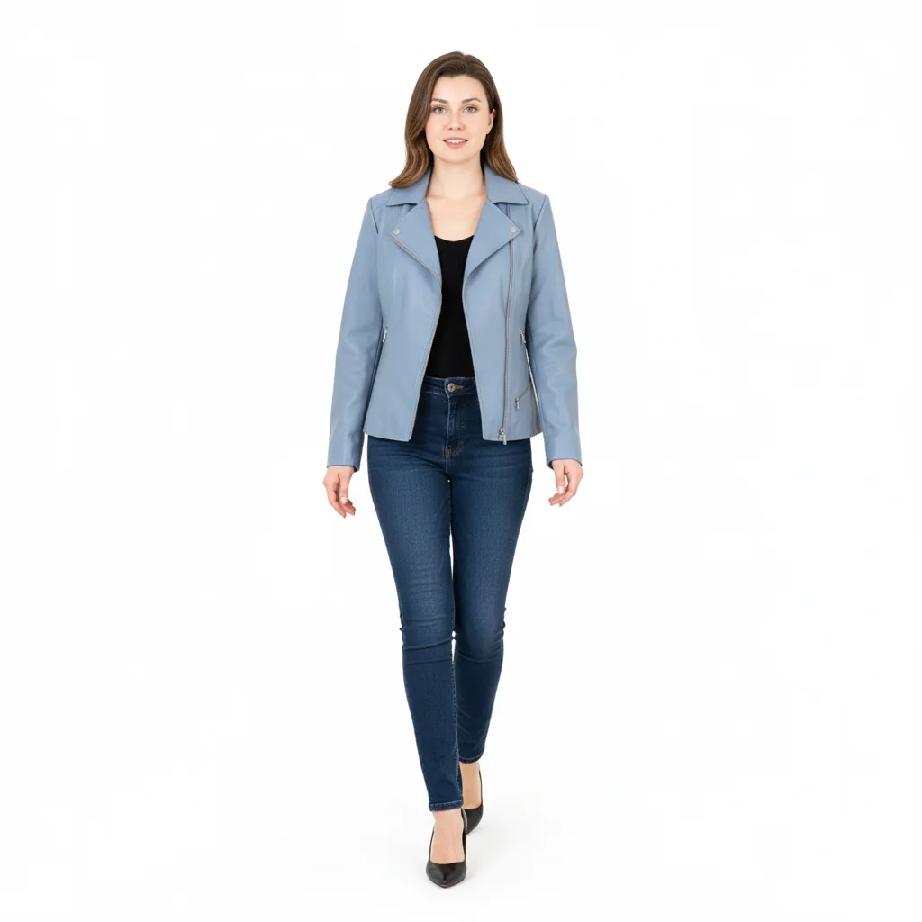 Model in a blue leather jacket walking toward the camera, demonstrating a walking pose Model in a blue leather jacket walking toward the camera, demonstrating a walking pose