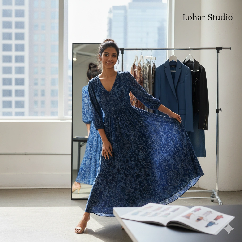 Model confidently posing in a flowing dress in front of a mirror at Lohar Studio Model confidently posing in a flowing dress in front of a mirror at Lohar Studio