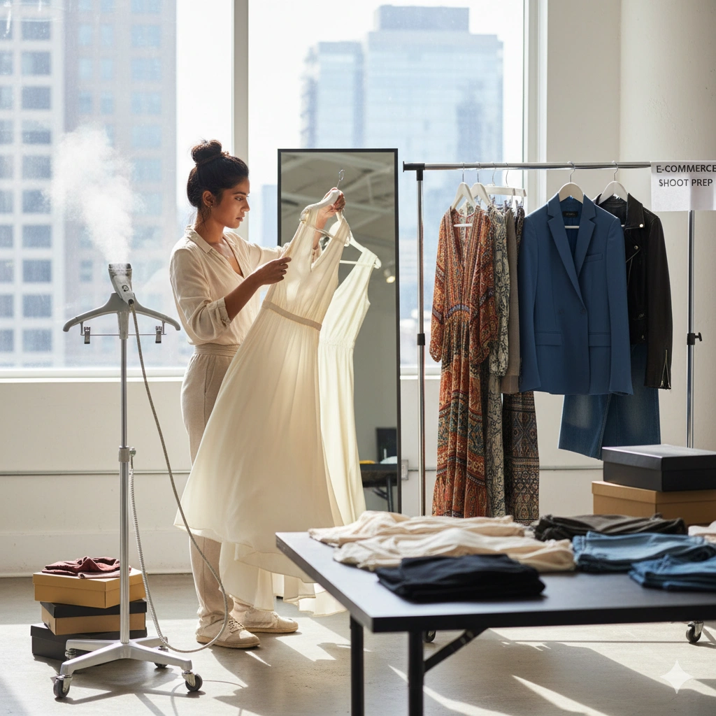 Stylist steaming and preparing garments on a rack before an e-commerce photoshoot Stylist steaming and preparing garments on a rack before an e-commerce photoshoot