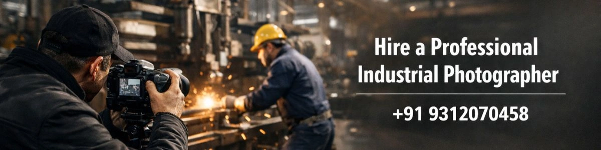 Professional industrial photographer capturing factory welding sparks on a metal workshop floor - Lohar Studio industrial photography service
