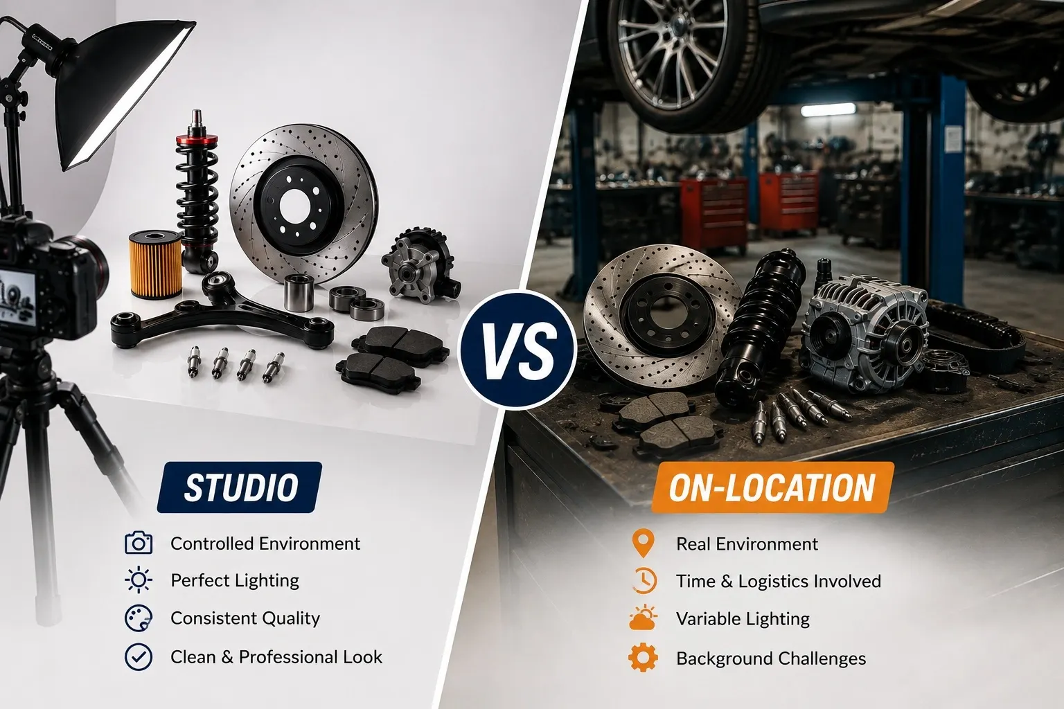 Studio product photography setup for automotive spare parts and accessories