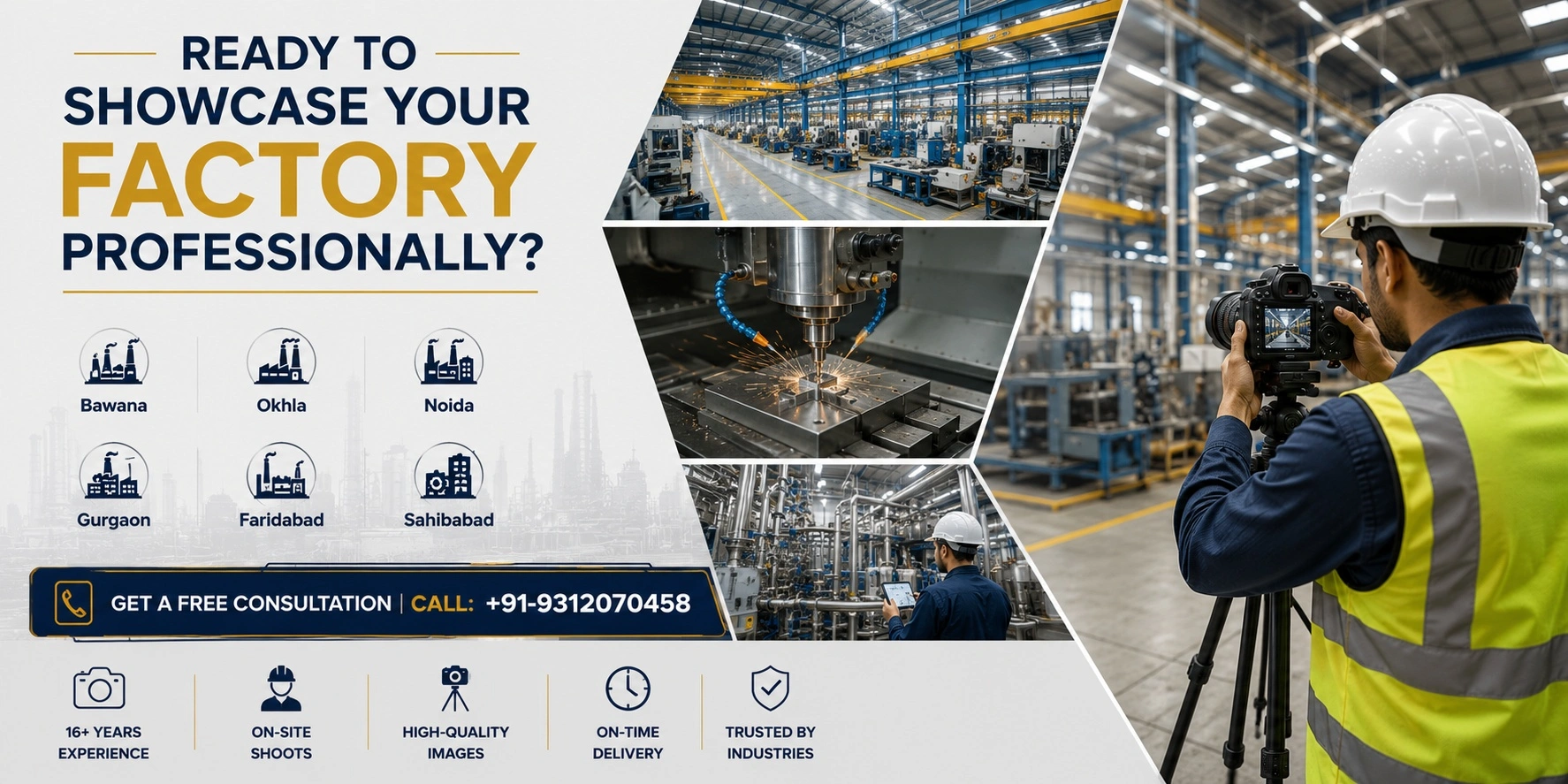 Ready to showcase your factory professionally - Lohar Studio industrial photography CTA covering Bawana, Okhla, Noida, Gurgaon, Faridabad and Sahibabad